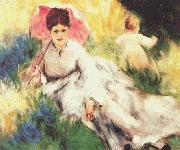 Woman with a Parasol and a Small Child on a Sunlit Hillside Pierre Renoir